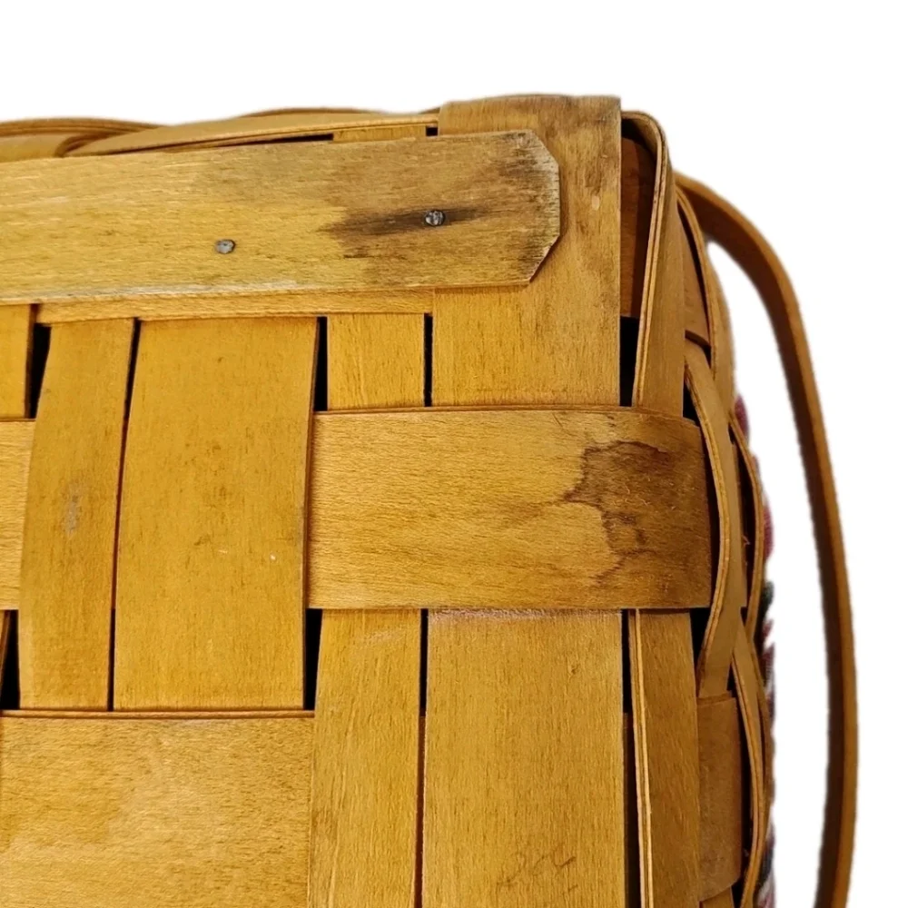 Vtg 90s Longaberger Med Gathering Basket Double Handle Nautical Striped Liner